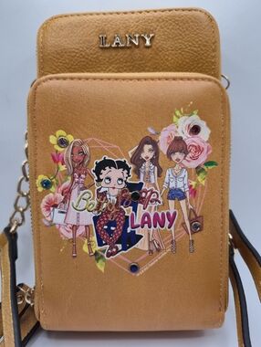 LANY Betty Boop Friends/Flowers Faux Leather Cellphone Crossbody Bag Mustard